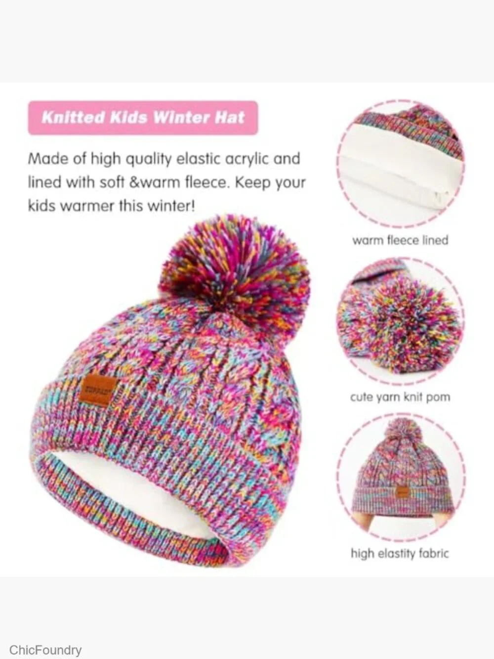 Kids Winter Hat Gloves Scarf Set, Knit Beanie Pom Fleece Lined Mittens Gaiter